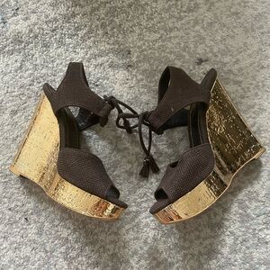 AUTHENTIC YSL chocolate brown linen gold wedges